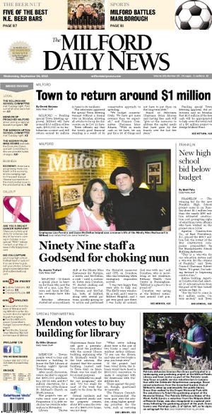 Front page of the Milford Daily News for 9/26/12