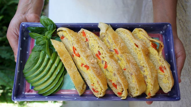 Savory works well as pastry filling, such as this version with eggs, red bell pepper and onion. Bacon can also be added.