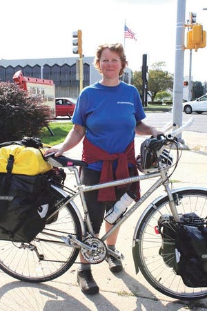 Rena Patty stopped in Kewanee this week on her 4,000-mile coast-to-coast bicycle trip.