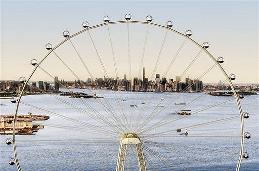 In this image released by the New York Mayor's Office, Thursday, Sept. 27, 2012 is an artist's rendering of a proposed 625-foot Ferris wheel, billed as the world's largest, planned as part of a retail and hotel complex along the Staten Island waterfront in New York. The attraction, called the New York Wheel, will cost $230 million. Officials say the observation wheel will be higher than the Singapore Flyer, the London Eye, and a "High Roller" wheel planned in Las Vegas. Beyond the wheel is the Manhattan skyline.