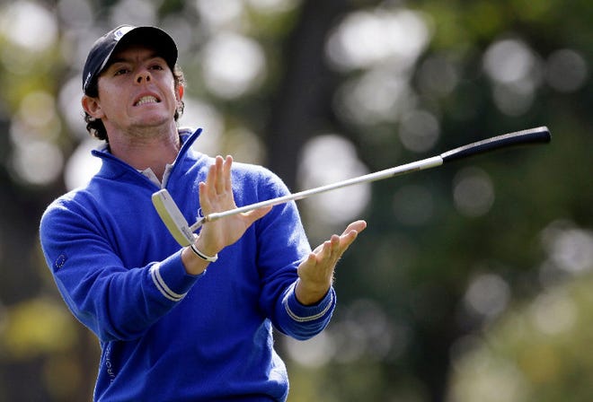 Europe's Rory McIlroy reacts to a putt on the seventh hole during a practice round at the Ryder Cup PGA golf tournament Wednesday, Sept. 26, 2012, at the Medinah Country Club in Medinah, Ill.