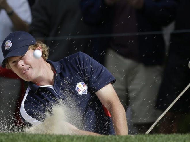 USA's Brandt Snedeker hits out of a bunker on the fifth hole during a practice round at the Ryder Cup PGA golf tournament Thursday, Sept. 27, 2012, at the Medinah Country Club in Medinah, Ill.