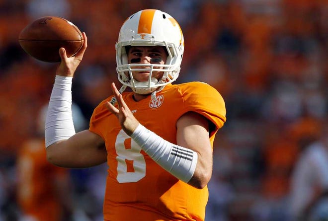 Tennessee quarterback Tyler Bray (8) warms up before the start of an NCAA college football game against Florida on Saturday, Sept. 15, 2012, in Knoxville, Tenn. (AP Photo/Wade Payne)