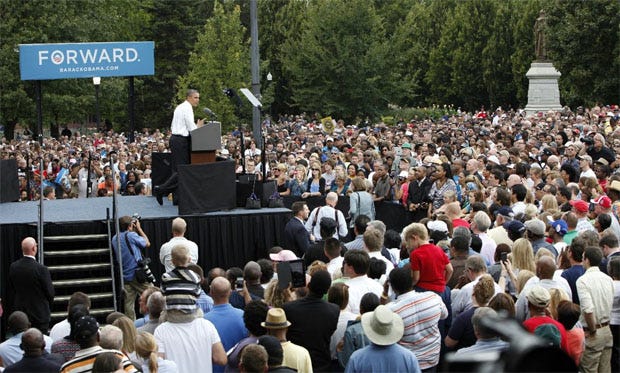 President Barack Obama speaks at a campaign rally in Schiller Park earlier this month.