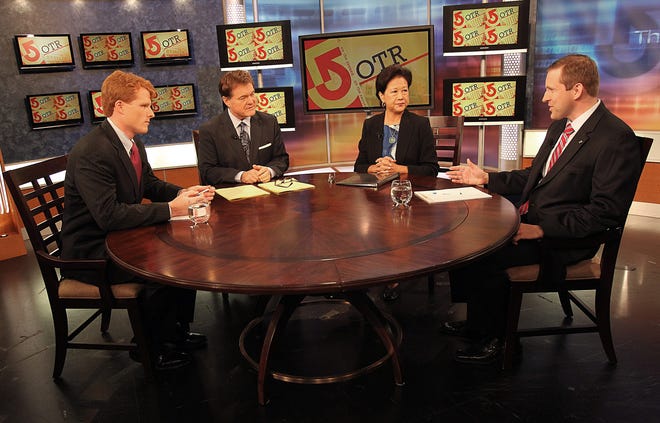 Joseph Kennedy III, left, and Sean Bielat, candidates for the 4th Congressional seat, debate at WCVB TheBostonChannel, Ch. 5. In the center are Ed Harding and Janet Wu.
