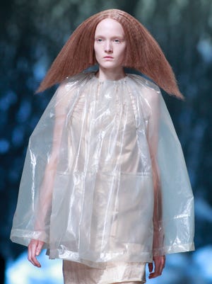 A model wears a creation for U.S. fashion designer Rick Owens' ready to wear Spring-Summer 2013, presented in Paris, Thursday, Sept.27, 2012. (THIBAULT CAMUS, via AP)