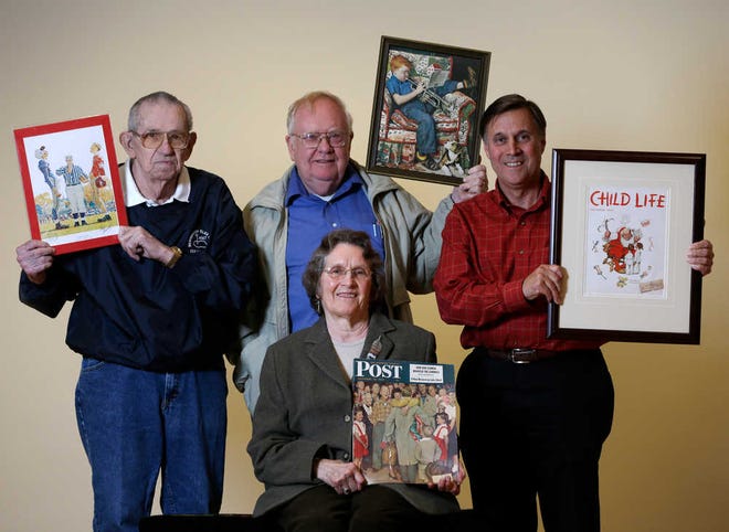 People who modeled for Norman Rockwell illustrations pose Friday with the pieces in which they were featured at the Bennington Museum in Bennington, Vt. From left are Butch Corbett, Tom Paquin and Don Trachte. Seated is Mary Immen Hall.