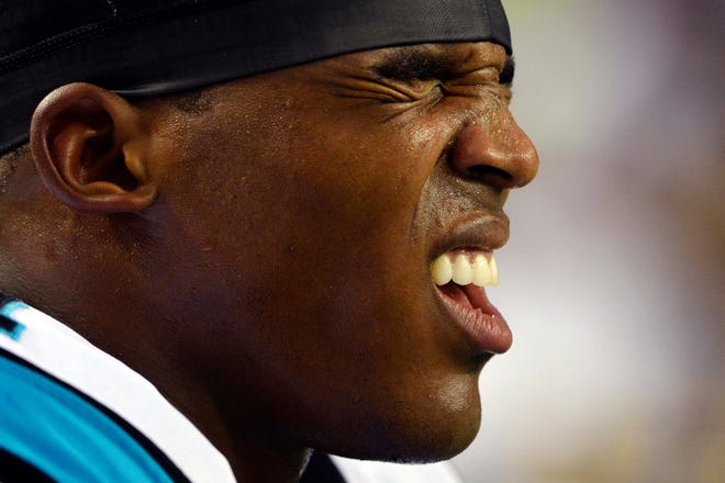 Panthers quarterback Cam Newton (1) reacts on the sidelines during the second half of their 30-28 loss to the Atlanta Falcons on Sunday in Atlanta.