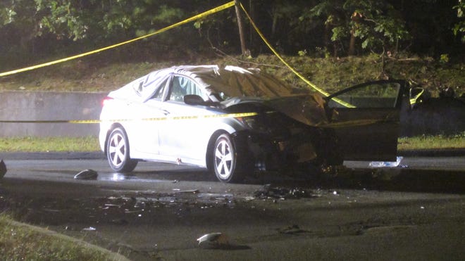 The female driver of this Hyundai died in a car crash late Saturday night on Fountain Street in Framingham. The crash is still under investigation.
