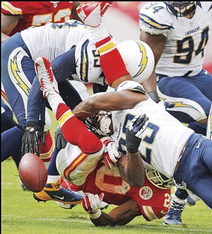 Ed Zurga/Associated Press Kansas City Chiefs running back Shaun Draughn (20) fumbles as he is hit by San Diego Chargers defensive back Shareece Wright (29) during the second half.