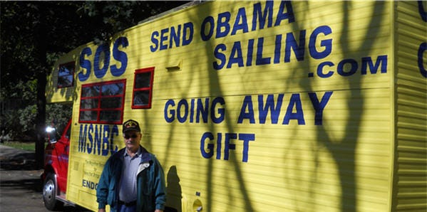Mickey Moynihan of East Stroudsburg with an RV aimed at drawing attention to his petition to "Send Obama Sailing"
