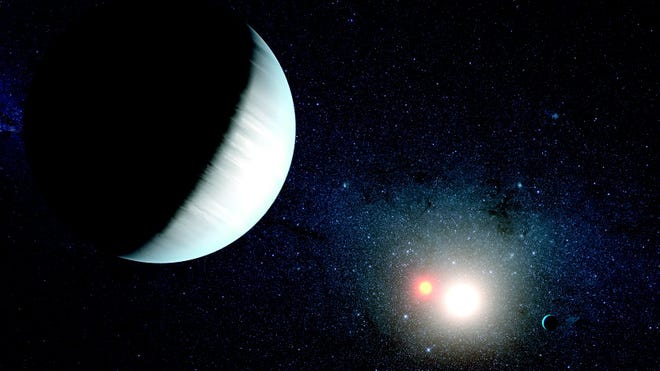 This illustration from NASA shows Kepler 47, the first binary (two-star) system with two orbiting planets, discovered by the Kepler Space Telescope.