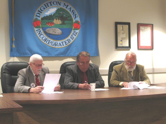From left, Dean Cronin, Selectmen Chair Bud Whalon and Tom Pires at the April 19 Dighton Board of Selectmen meeting.