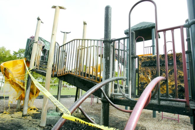 The burnt remains of the playground equipment at Shriver Park in Massillon. Officials believe the fire that destroyed the equipment was the work of an arsonist.