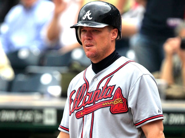 Chipper Jones waits to hit during Atlanta’s game with Pittsburgh on Wednesday in Pittsburgh. The Braves won 4-1. (Gene J. Puskar | Associated Press)