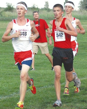 Morton boys cross country runners Zack Siscoe, far left, and Matt Lyons, far right, compete on the Illinois Central College course Sept. 25 in a Mid-Illini Conference race against Metamora and host East Peoria. Bridget Carius was the girls' champion as the Potters swept both foes.