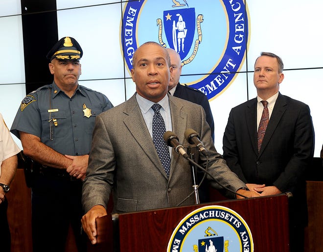 Gov. Deval Patrick introduces a renovated state emergency operations center and emergency alerting application for smartphones at the Massachusetts Emergency Management Agency in Framingham Friday. At right is Lt. Gov. Timothy Murray.