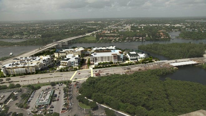 This is an artist’s rendition of what Harbourside is expected to look like when it’s complete in 2014. U.S. 1 is in foreground and Indiantown Road is going west over Intracoastal Waterway.
