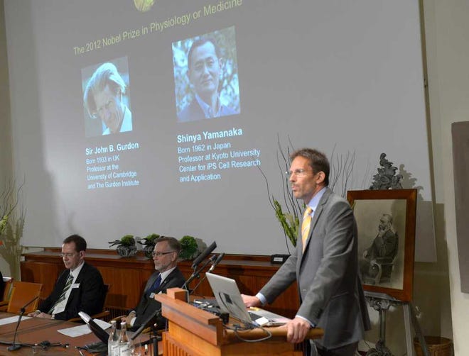 Thomas Perlmann of Karolinska Institute presents Sir John B. Gurdon of Britain and Shinya Yamanaka of Japan as winners of the 2012 Nobel Prize in medicine or physiology. The prize committee at Stockholm's Karonlinska institute said the discovery has "revolutionized our understanding of how cells and organisms develop."