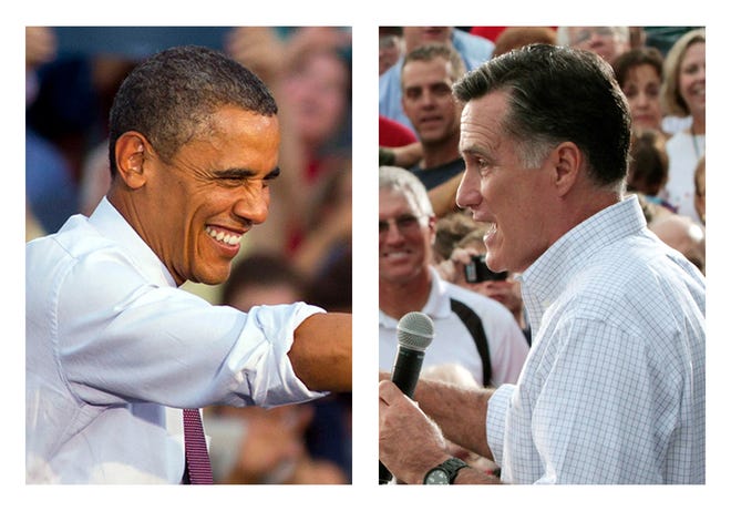 In these Aug. 2012 file photos, President Barack Obama and Republican presidential candidate, former Massachusetts Gov. Mitt Romney, right, campaign in swing states, Obama in Leesburg, Va., and Romney in Waukesha, Wis. The challenge for Obama and Romney is how to lay claim to the small but mightily important swath of the electorate, the undecided likely voter.