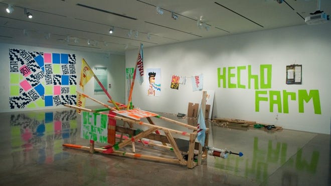 Cruz Ortiz’s exhibit “Hecho Farm,” at UT’s Visual Arts Center through Dec. 8, sets a stage for social interaction, including public screen-printing parties. Photo by Sandy Crason.