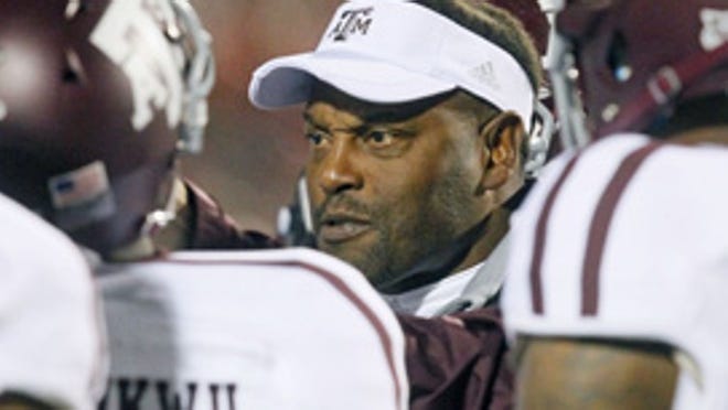 Texas A&M football coach Kevin Sumlin speaks to his players in the third quarter against Mississippi in Oxford, Miss., Saturday, Oct. 6, 2012. Sumlin says Louisiana Tech will not 'be intimidated by us one bit, and they shouldn’t be.'