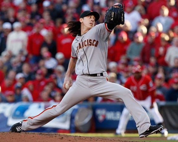 San Francisco Giants relief pitcher Tim Lincecum throws against the Cincinnati Reds in the fifth inning of Game 4 of the National League division baseball series, Wednesday, Oct. 10, 2012, in Cincinnati.