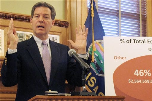 Gov. Sam Brownback, shown here Tuesday discussing his administration's funding of state public education, said Wednesday that Kansas may have to retain what was supposed to be a temporary hike in the state sales tax as a means of offsetting anticipated drops in revenue, the result of tax cuts implemented in the last legislative session.
