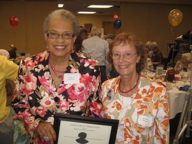 Mildred A. Hill-Lubin, left, the recipient of the 2012 Friends of Susan B. Anthony Award, with Barbara Oberlander, who received the award in 2000. (Special to the Guardian)