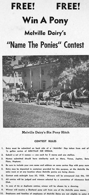 A vintage Melville Dairy advertisement describes a contest to name the company's ponies.