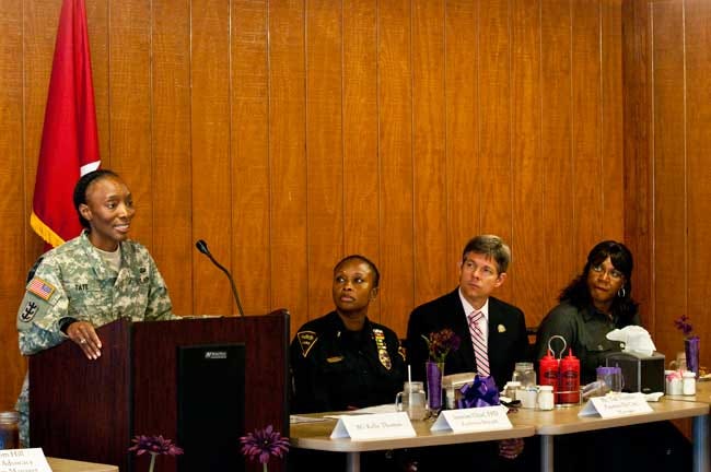 Command Sgt. Maj. Yolanda Tate, Fort Bragg Garrison sergeant major, told the audience that everyone has to be held accountable for stopping domestic violence. She challenged attendees to know the signs of domestic violence and what to do about it during the Domestic Violence Awareness luncheon at McKellar’s Lodge on Oct. 2.