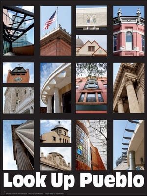 A fundraising poster from the Pueblo Downtown Association offers an upward-looking perspective on some of the city's distinctive architecture. Designed by a Pueblo woman and her granddaughter, the poster is on sale at select merchants with proceeds going to fund public art projects.