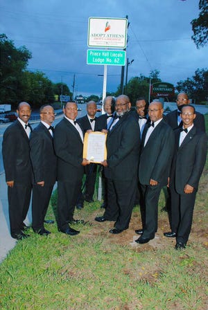 Mayor Nancy B. Denson presented a proclamation to Lincoln Lodge No. 62 on July 3 in honor of its recognition of the need and desirability of litter free highways. Lincoln Lodge No. 62 adopted a stretch of Broad Street and posted two signs, one at Broad and Newton streets and one at Broad Street and Hancock Avenue. Pictured: Secretary Marvin Nunnally, brother Ricardo Neely, S.W. Paul Walton, brother Milton Bates, brother Marion Bush, W.M. Richard Cornelius Sr., Tyler. Maurice Richardson, brother Micheal Bailey, brother Derek Morton, Marshall and William Johnson Jr.
