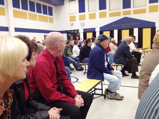 Chesterfield residents listen to a speaker talk about local taxes at a special meeting Thursday night of the Township Committee that was designed to let taxpayers voice their opinion about the recent tax hike.