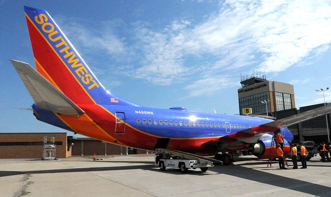 A Southwest Airlines jet that arrived Monday morning at the Akron Canton Airport.