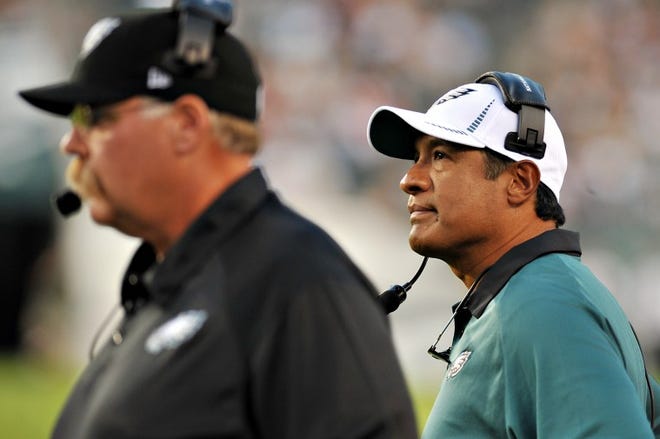 (File) Eagles vs New York Jets in the fiinal preseaon game before the start of the season. Here coach Andy Reid and defensive coordinator Juan Castillo look on after the Jets scored a touchdown in the first quarter.