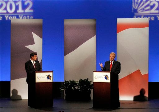 Democratic candidate for Senate U.S. Sen. Bill Nelson, D-Fla., right, gestures during a debate against Republican candidate Rep. Connie Mack IV, R-Fla., left, Wednesday.