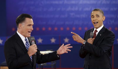 President Barack Obama and Republican presidential candidate, former Massachusetts Gov. Mitt Romney exchange views during the second presidential debate at Hofstra University in Hempstead, N.Y.