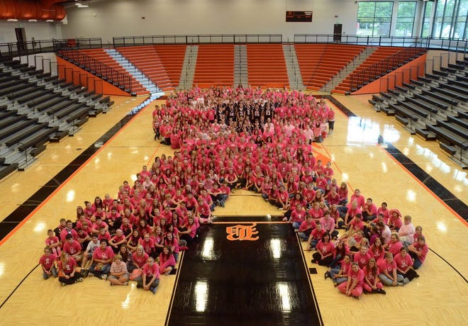 Members of the Belding High School student body and faculty gather in the gym to create a large pink ribbon.