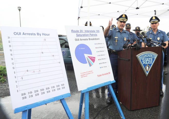 Massachusetts State Police Major Anthony Thomas, center, and colonel Edward Amodeo, right, during a press conference at the Route 24 rest area in Bridgewater on Wednesday, Oct. 10, 2012. On the left are charts from their work on Route 24 and Interstate195.