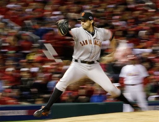 San Francisco Giants starting pitcher Barry Zito throws during the eighth inning of Game 5 the NLCS against the St. Louis Cardinals on Friday in St. Louis.