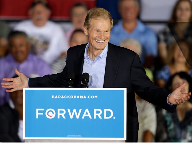 Sen. Bill Nelson, D-Fla., gestures as he speaks to a group of senior citizen voters before a campaign speech by Vice President Joe Biden, Oct. 19, 2012 , in Sun City Center. Nelson is running against Republican challenger, Rep Connie Mack IV, R-Fla. (AP Photo/Chris O'Meara)