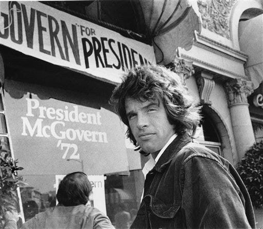 In this May 29, 1972, file photo, actor Warren Beatty stands outside the headquarters for Democratic presidential candidate, U.S. Sen. George McGovern in Beverly Hills, Calif. When McGovern, aided by party rules he helped revise, became the surprise contender in 1972, the left felt revived. Beatty was among the young Hollywood stars who backed McGovern.