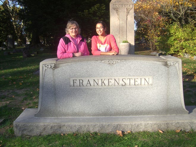Chris Kieffer and Chloe Ramnarine were in a recent scavenger hunt for Westbrook Park United Methodist Church when they visited the Frankenstein grave marker in West Lawn Cemetery in Canton.