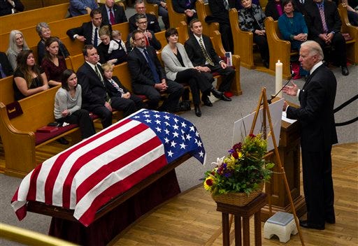 Vice President Joe Biden speaks at a prayer service for former Democratic U.S. senator and three-time presidential candidate George McGovern at the First United Methodist Church in Sioux Falls, S.D. McGovern died Sunday in his native South Dakota at age 90.