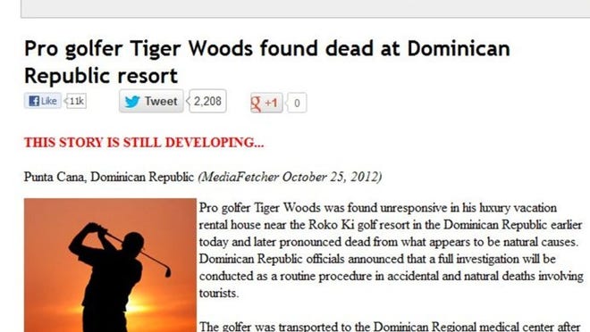The website fakeawish.com generates celebrity death stories like this one about Tiger Woods, which was posted to Twitter more than 2,000 times.
