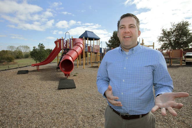 Craig Dishman, Edmond’s new parks and recreation direction, stands in the J.L. Mitch Park playground, something he would like to refurbish. PHOTO BY DAVID MCDANIEL, THE OKLAHOMAN