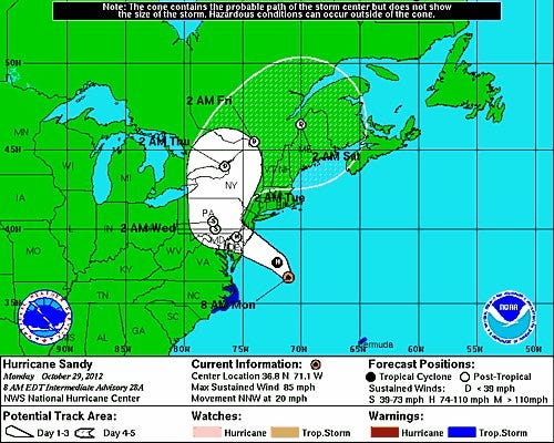 The National Hurricane Center's map showing the expected path of Hurricane Sandy, updated at 11 a.m. on Monday, Oct. 29, 2012.