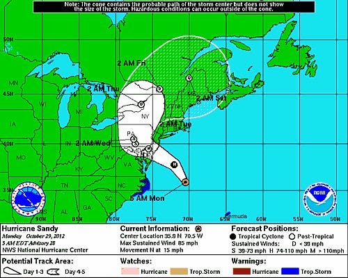 The National Hurricane Center's map showing the projected route of Hurricane Sandy, updated at 5 a.m. Monday, Oct. 29, 2012.