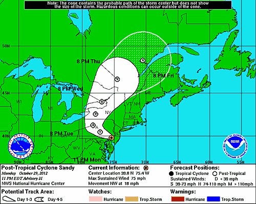 The National Hurricane Center's map showing the expected path of Hurricane Sandy, updated at 11 p.m. on Monday, Oct. 29, 2012.
